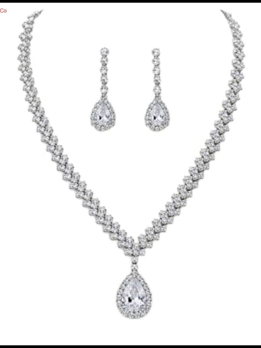 Silver Crystal Teardrop Rhinestone Necklace Earrings Set